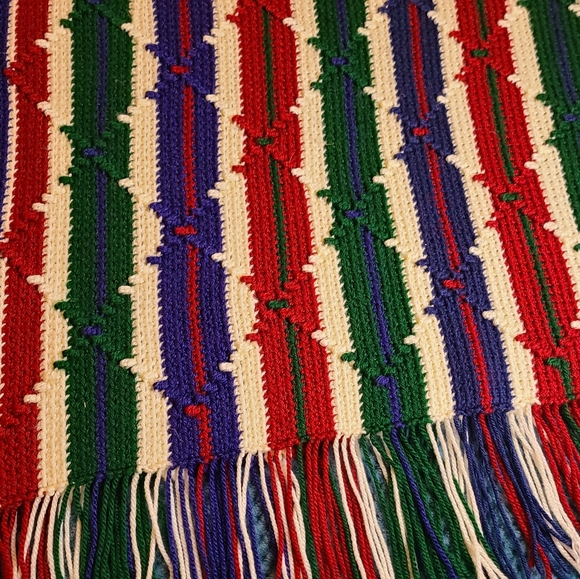 Handmade Afghan  Blue Green Red White Textured Stripes - Picture 2 of 4